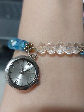 White Blue Clear Beads Bracelet With WATCH Easy Slip On Bracelets